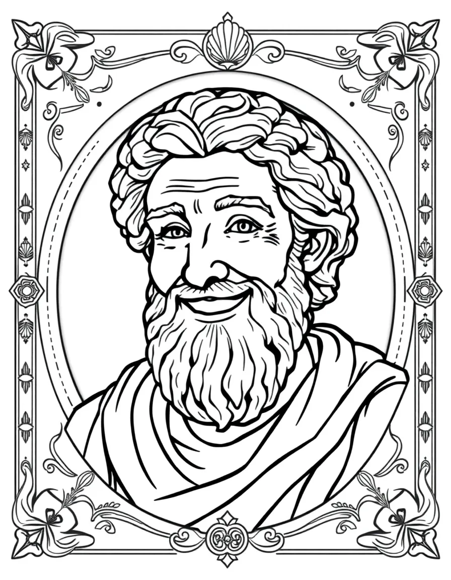 A portrait of Aristotle with a big smile, framed with decorative borders and symbols of their time period.