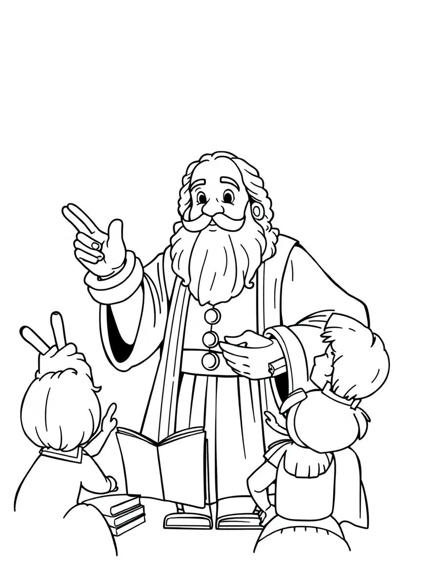 A fun coloring page of Galileo Galilei giving a speech to children with books and peace signs around.