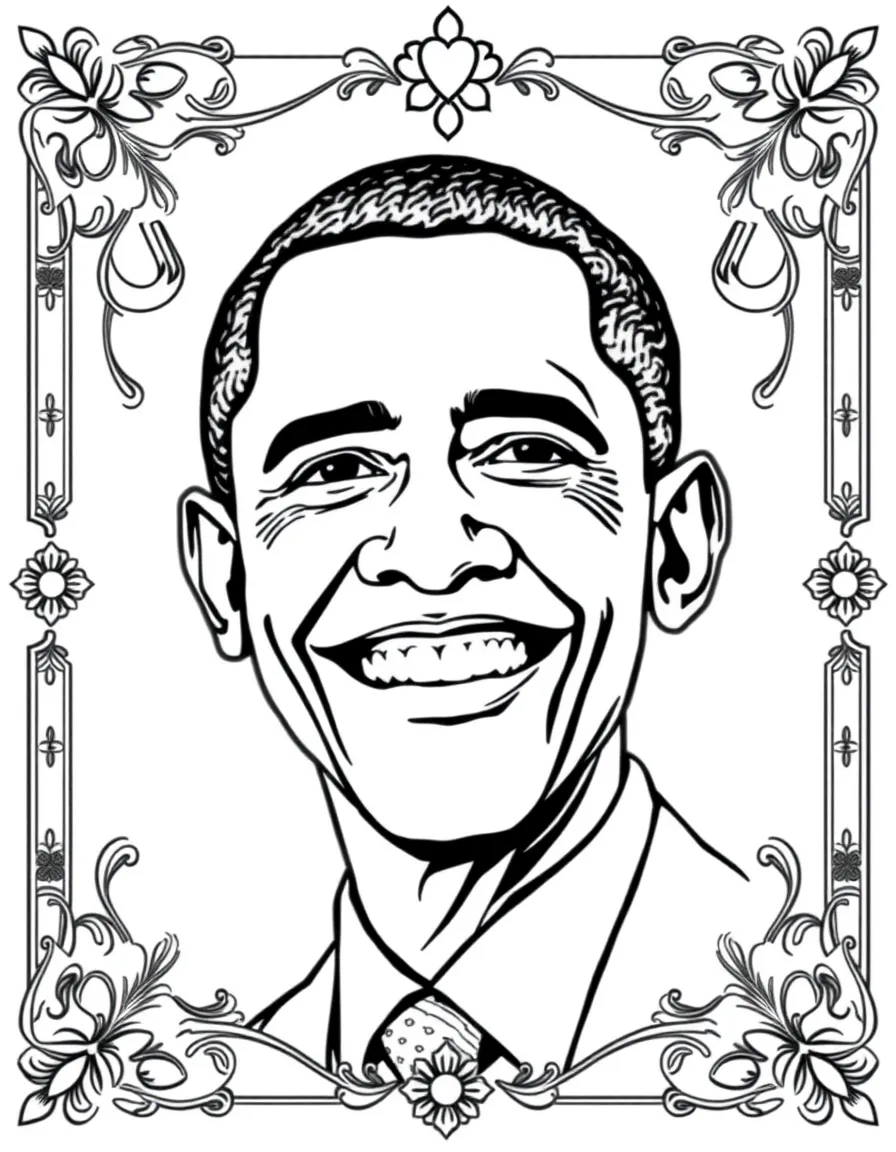 A portrait of Barack Obama with a big smile, framed with decorative borders and symbols of their time period.