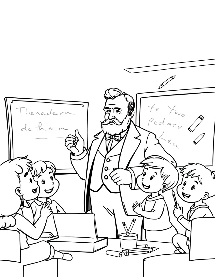 Theodore Roosevelt teaching children, with educational items like chalkboards and pencils, in a friendly classroom scene.