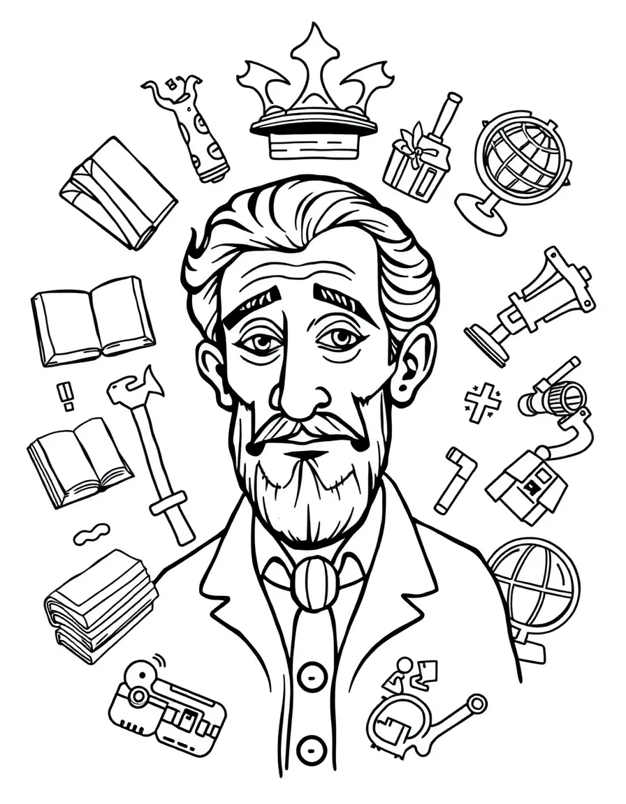 A cartoon-style drawing of Pablo Picasso surrounded by symbols of their achievements, like books, tools, or globes.