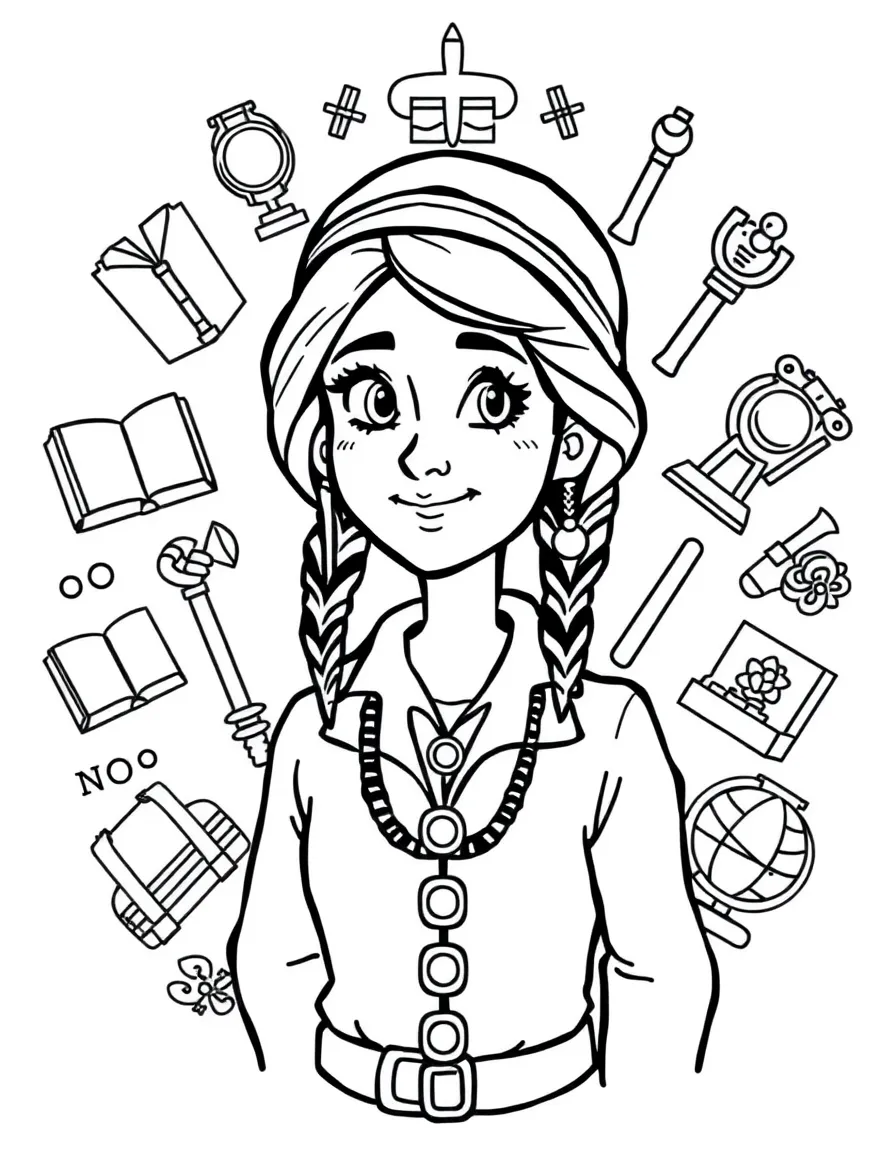 A cartoon-style drawing of Amelia Earhart surrounded by symbols of their achievements, like books, tools, or globes.