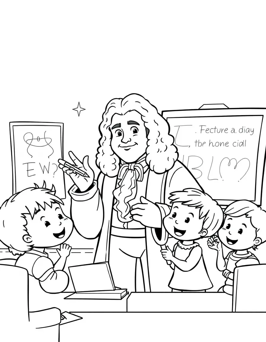 Isaac Newton teaching children, with educational items like chalkboards and pencils, in a friendly classroom scene.