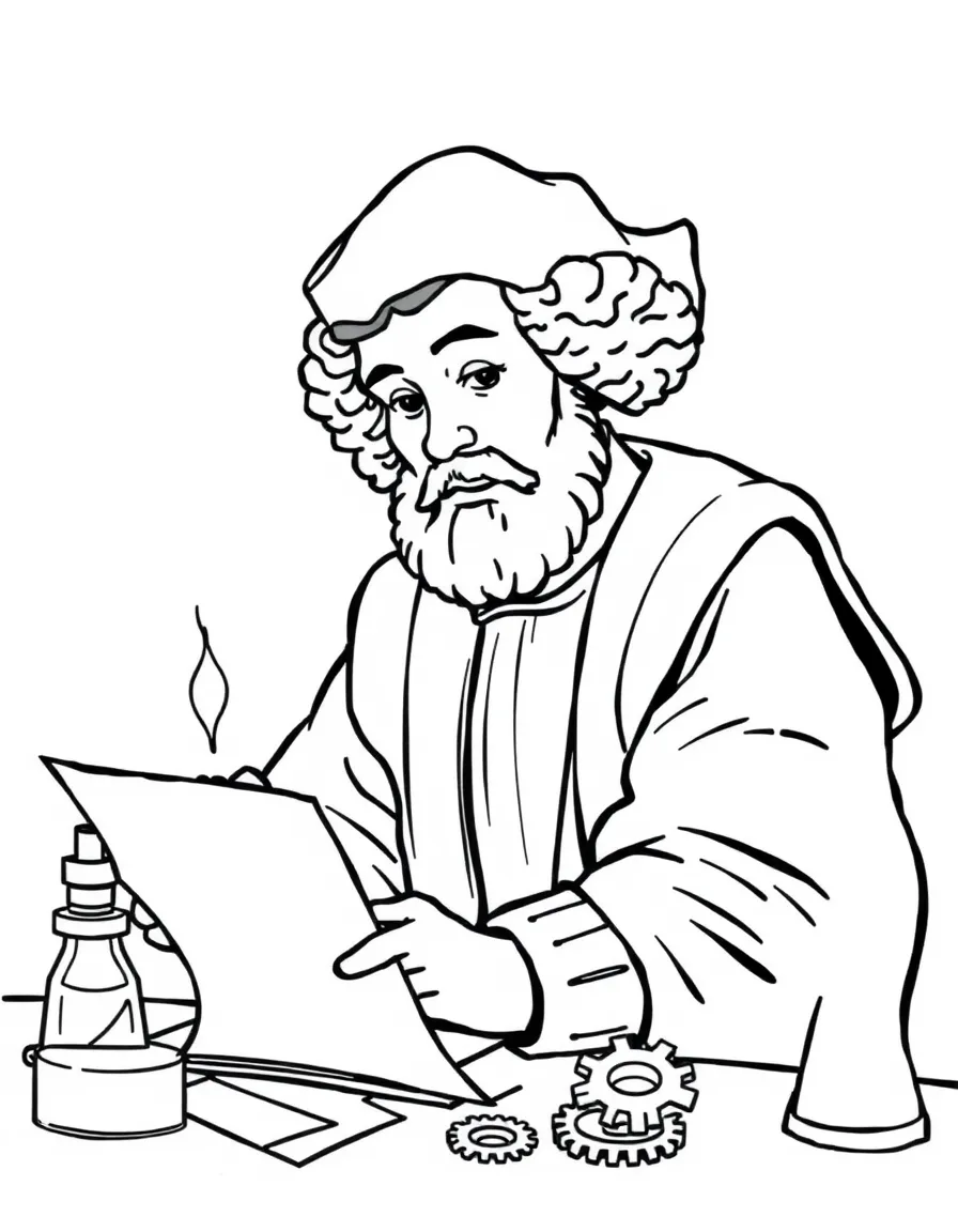Christopher Columbus working on their famous invention or idea, with gears, papers, or lab equipment drawn simply.