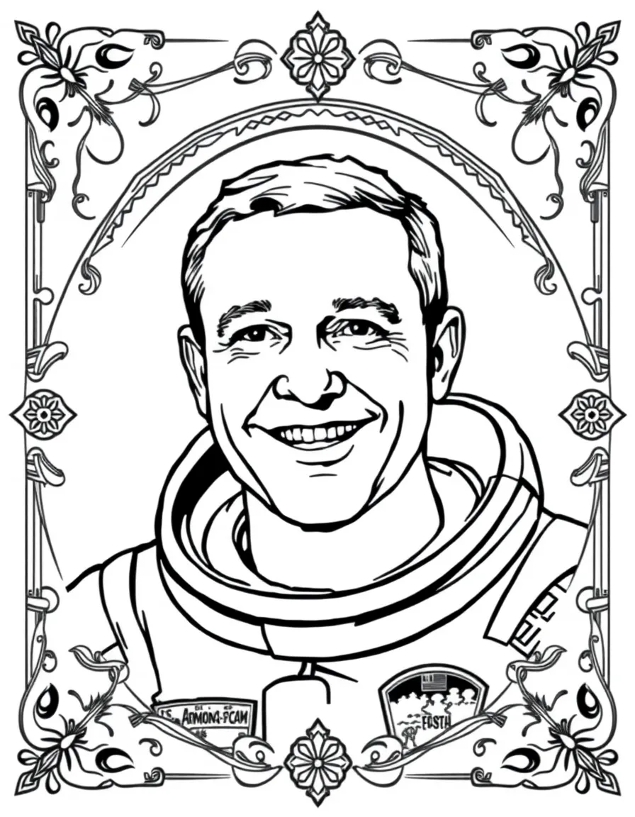 A portrait of Neil Armstrong with a big smile, framed with decorative borders and symbols of their time period.