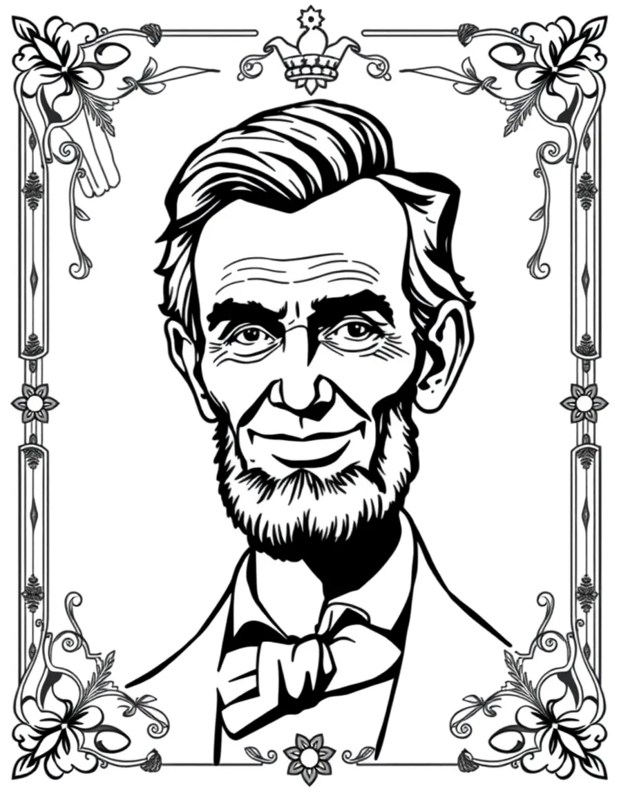 A portrait of Abraham Lincoln with a big smile, framed with decorative borders and symbols of their time period.