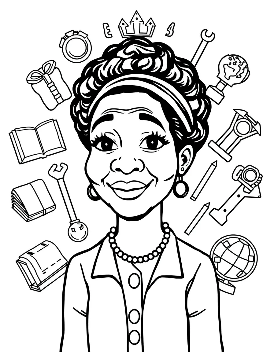 A cartoon-style drawing of Rosa Parks surrounded by symbols of their achievements, like books, tools, or globes.