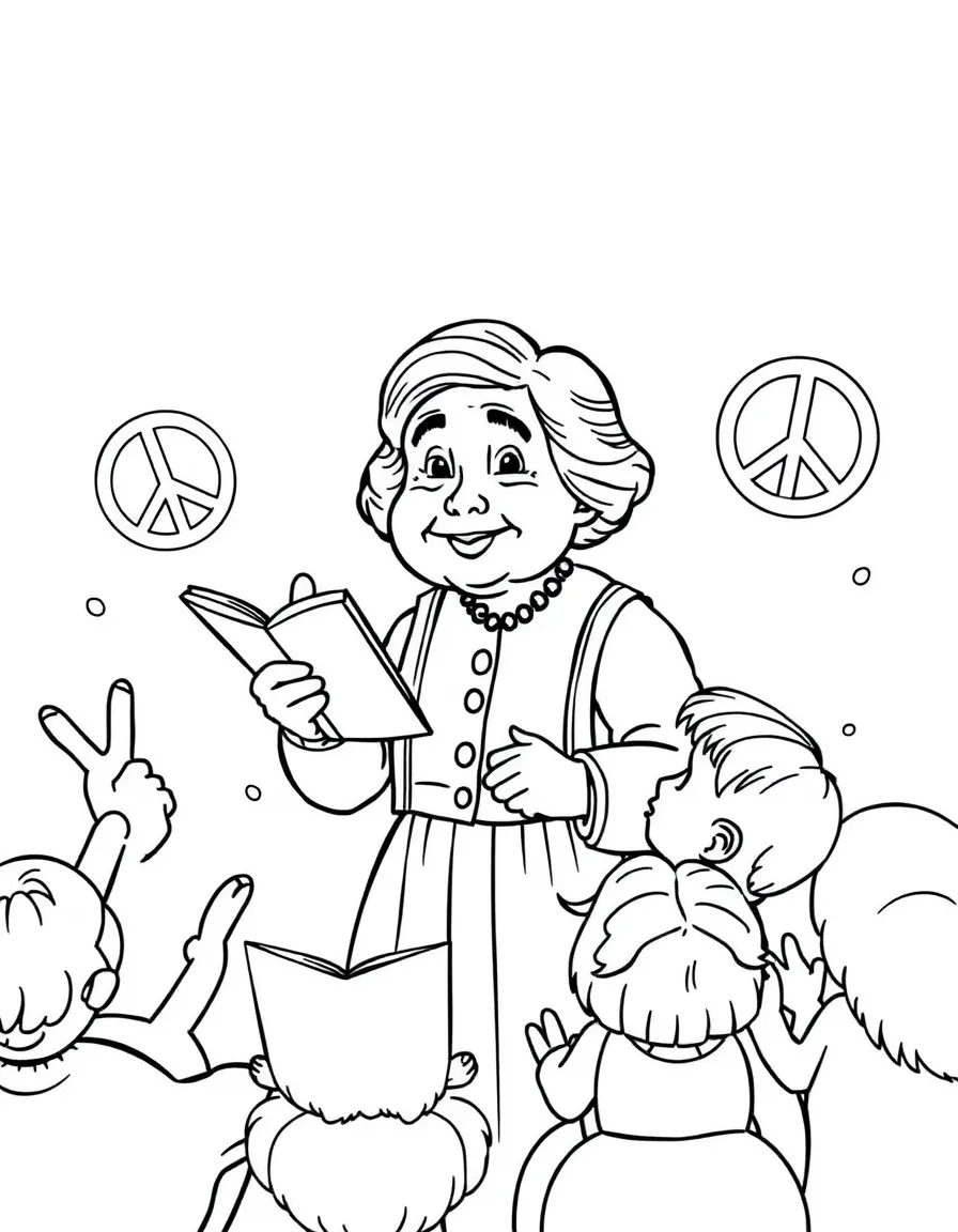 A fun coloring page of Helen Keller giving a speech to children with books and peace signs around.