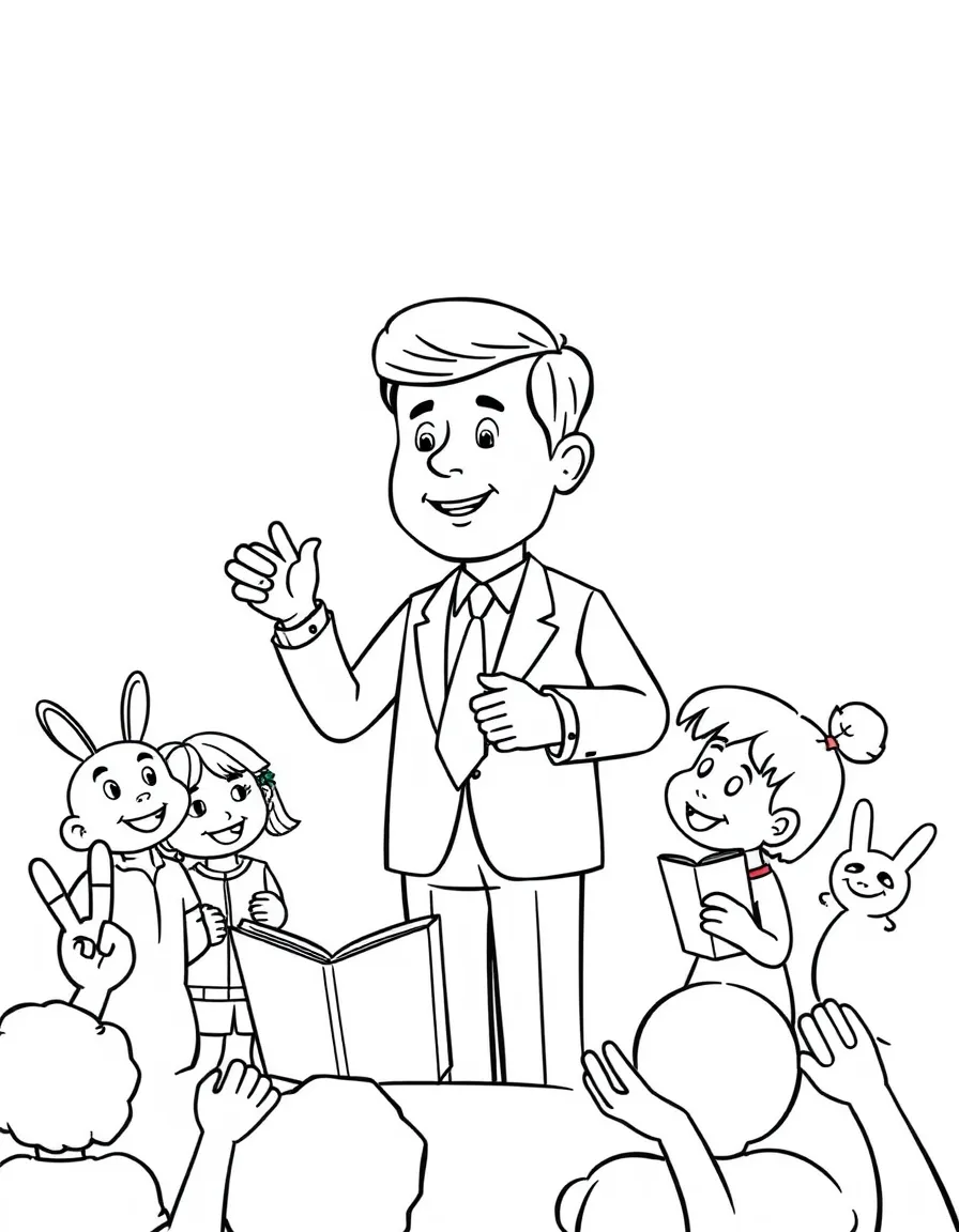 A fun coloring page of John F. Kennedy giving a speech to children with books and peace signs around.