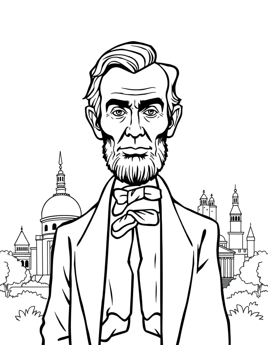 Abraham Lincoln standing proudly with historical landmarks in the background, drawn with clear bold lines for coloring.
