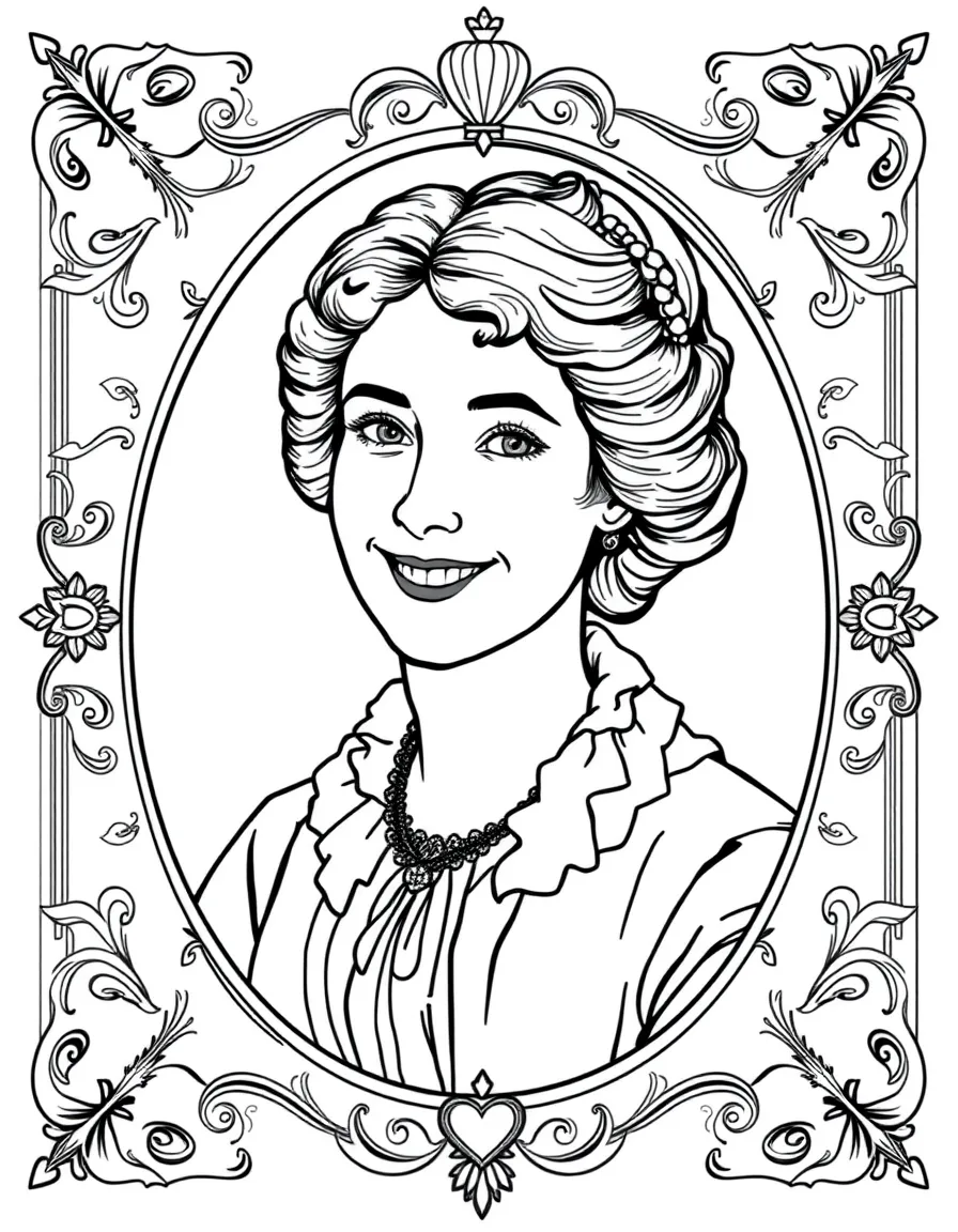 A portrait of Jane Austen with a big smile, framed with decorative borders and symbols of their time period.