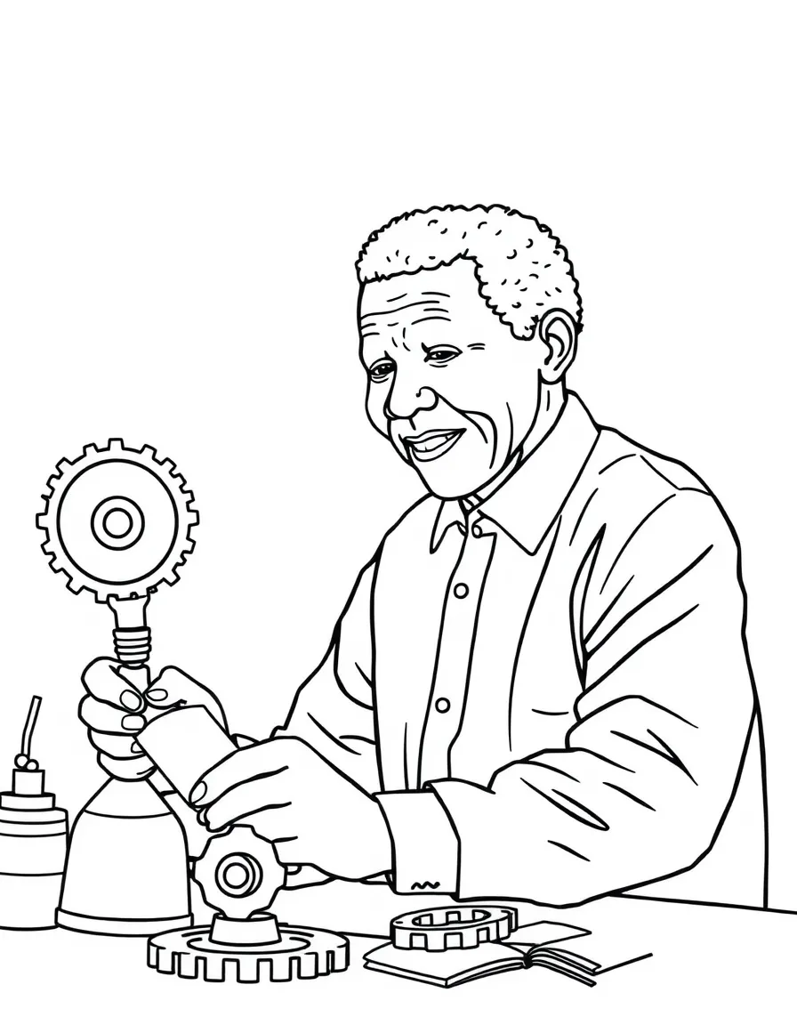 Nelson Mandela working on their famous invention or idea, with gears, papers, or lab equipment drawn simply.