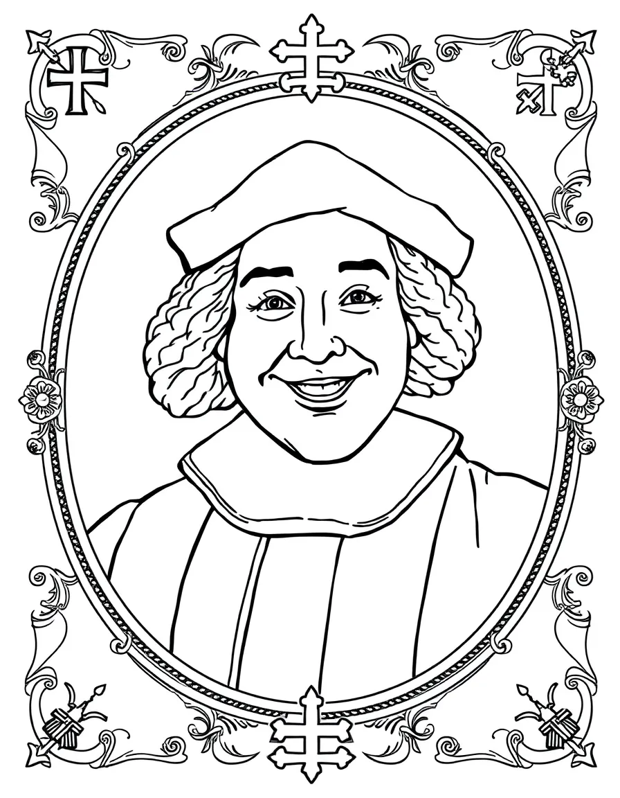 A portrait of Christopher Columbus with a big smile, framed with decorative borders and symbols of their time period.