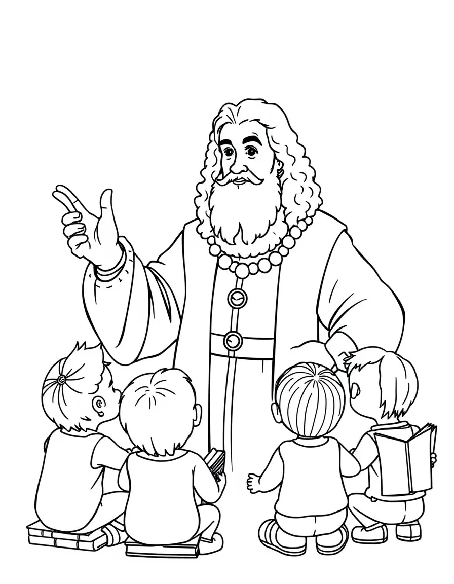 A fun coloring page of Leonardo da Vinci giving a speech to children with books and peace signs around.