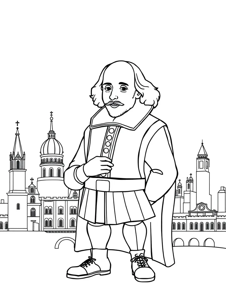 William Shakespeare standing proudly with historical landmarks in the background, drawn with clear bold lines for coloring.
