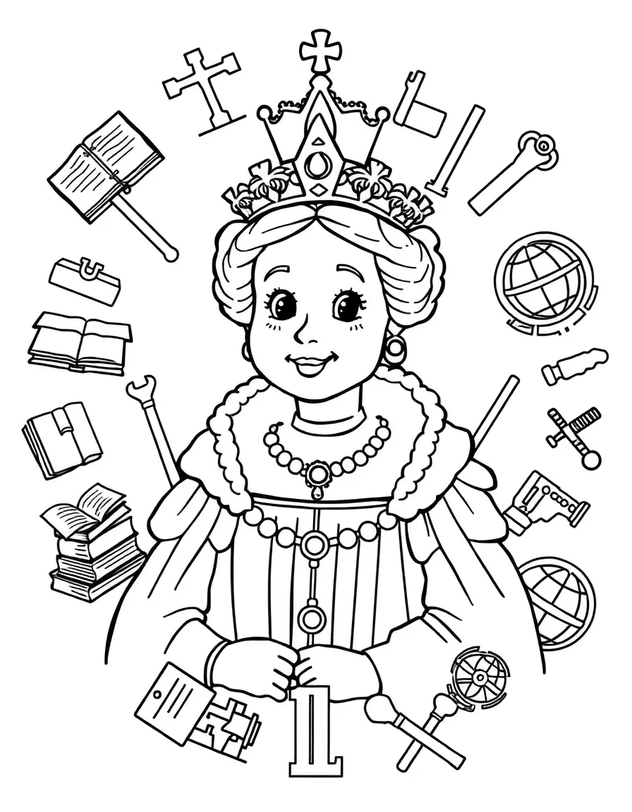 A cartoon-style drawing of Queen Elizabeth I surrounded by symbols of their achievements, like books, tools, or globes.