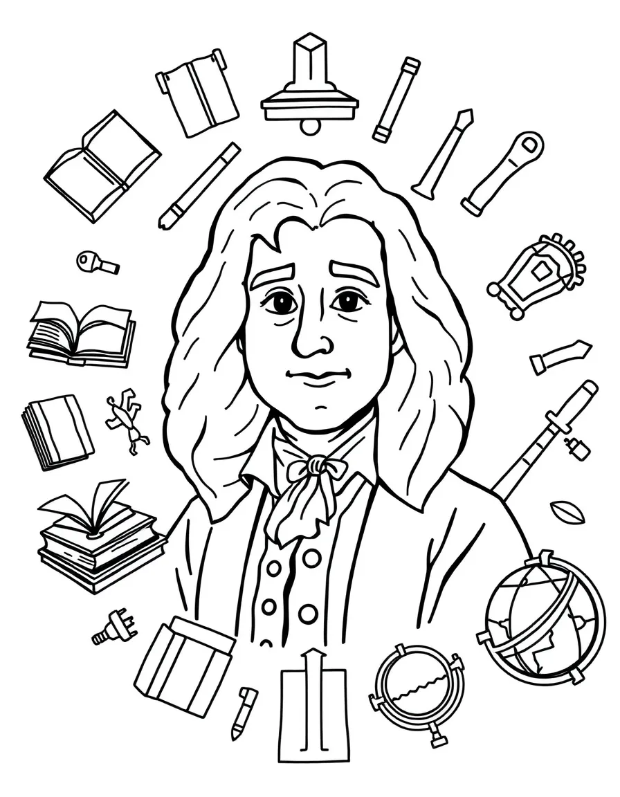 A cartoon-style drawing of Isaac Newton surrounded by symbols of their achievements, like books, tools, or globes.