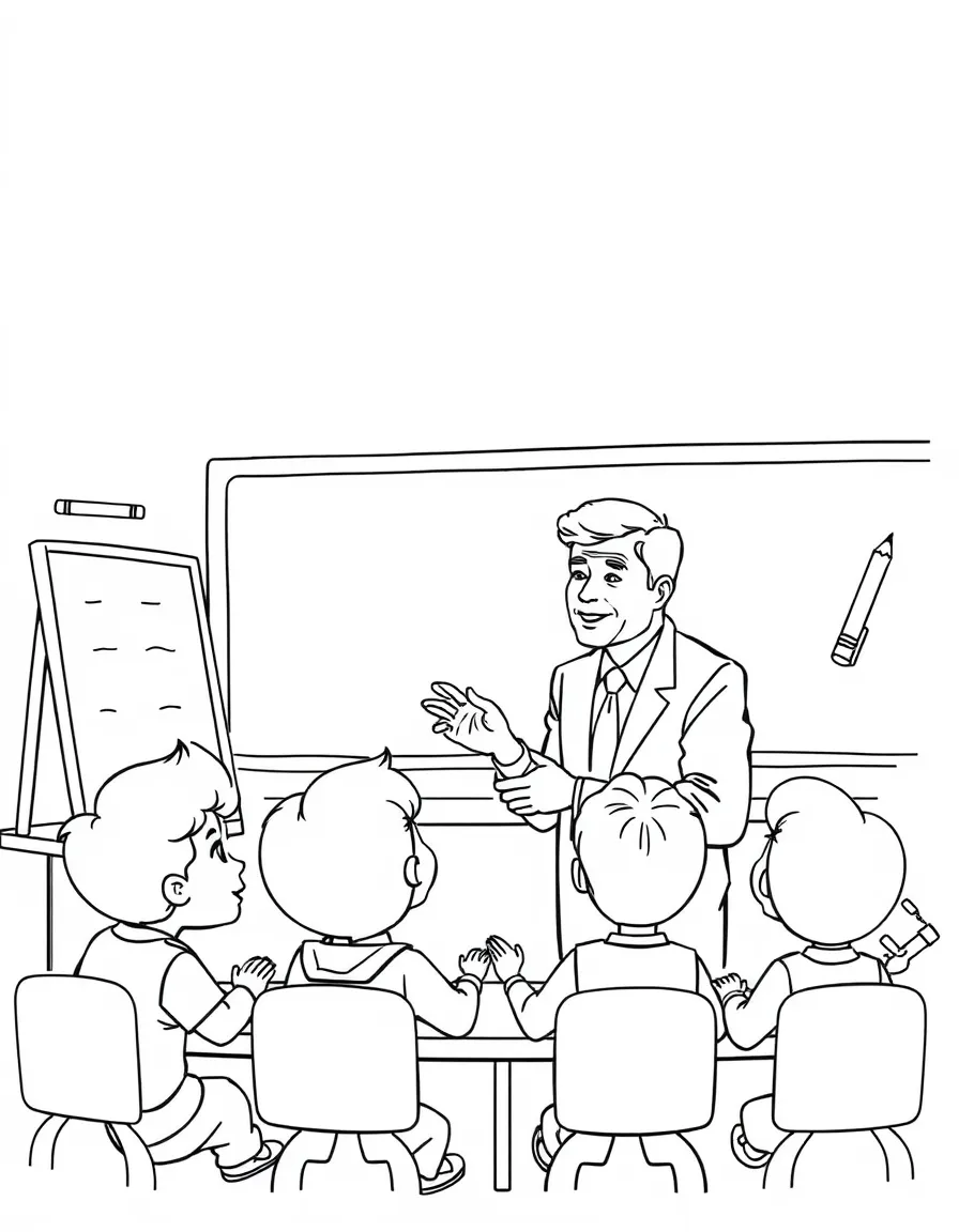 John F. Kennedy teaching children, with educational items like chalkboards and pencils, in a friendly classroom scene.