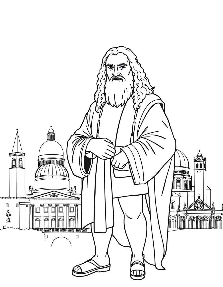 Leonardo da Vinci standing proudly with historical landmarks in the background, drawn with clear bold lines for coloring.