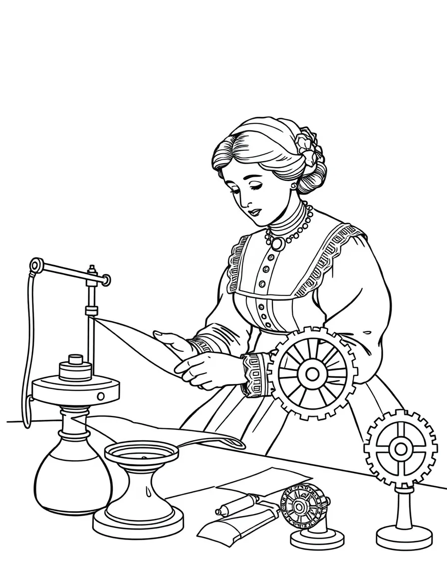 Florence Nightingale working on their famous invention or idea, with gears, papers, or lab equipment drawn simply.