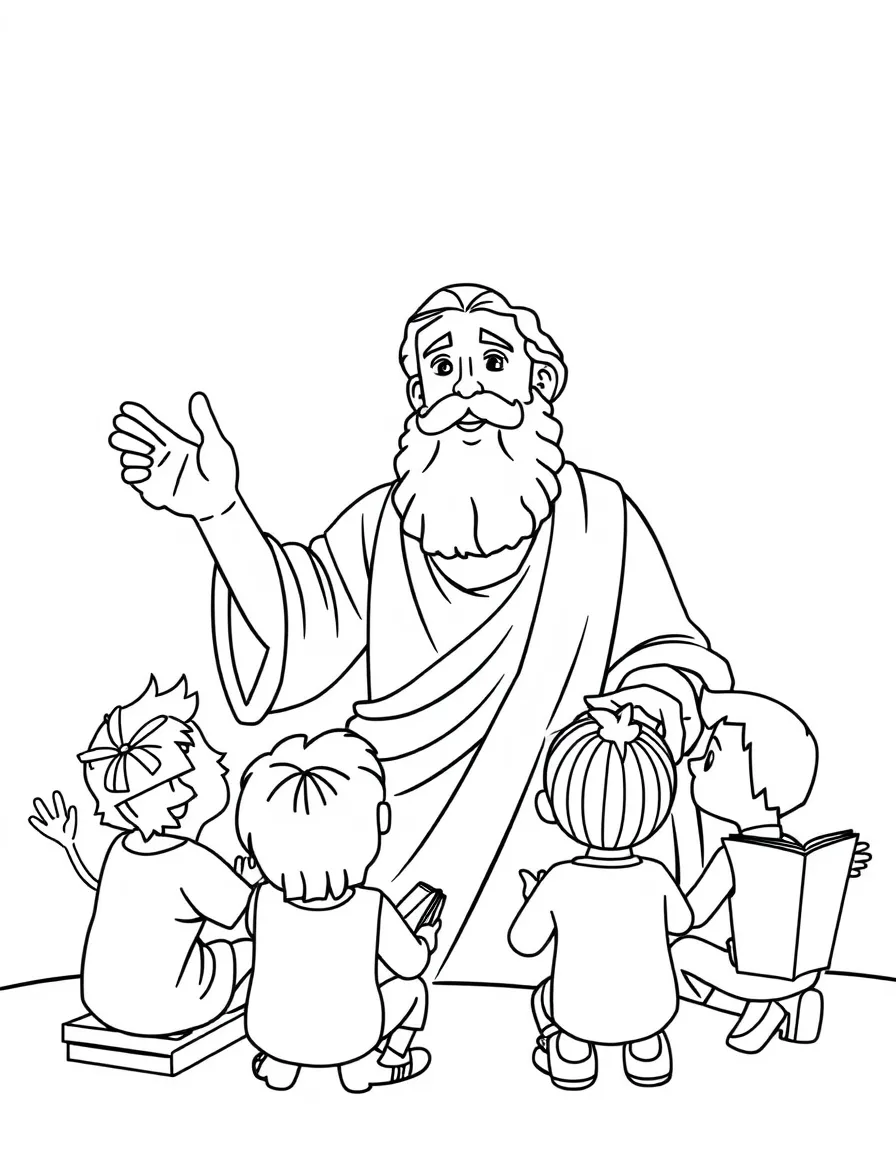 A fun coloring page of Plato giving a speech to children with books and peace signs around.