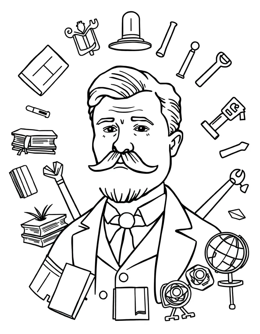 A cartoon-style drawing of Theodore Roosevelt surrounded by symbols of their achievements, like books, tools, or globes.
