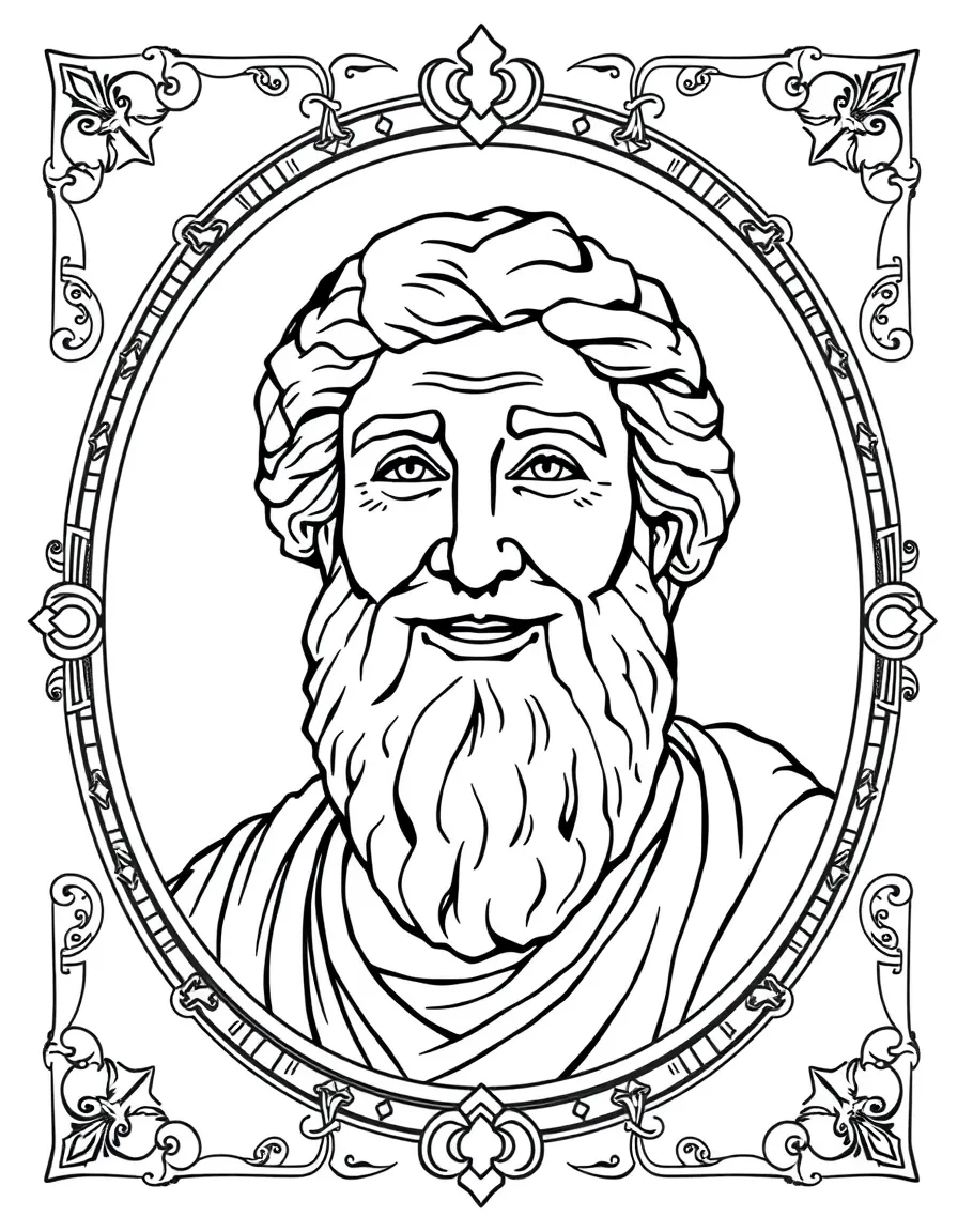 A portrait of Aristotle with a big smile, framed with decorative borders and symbols of their time period.