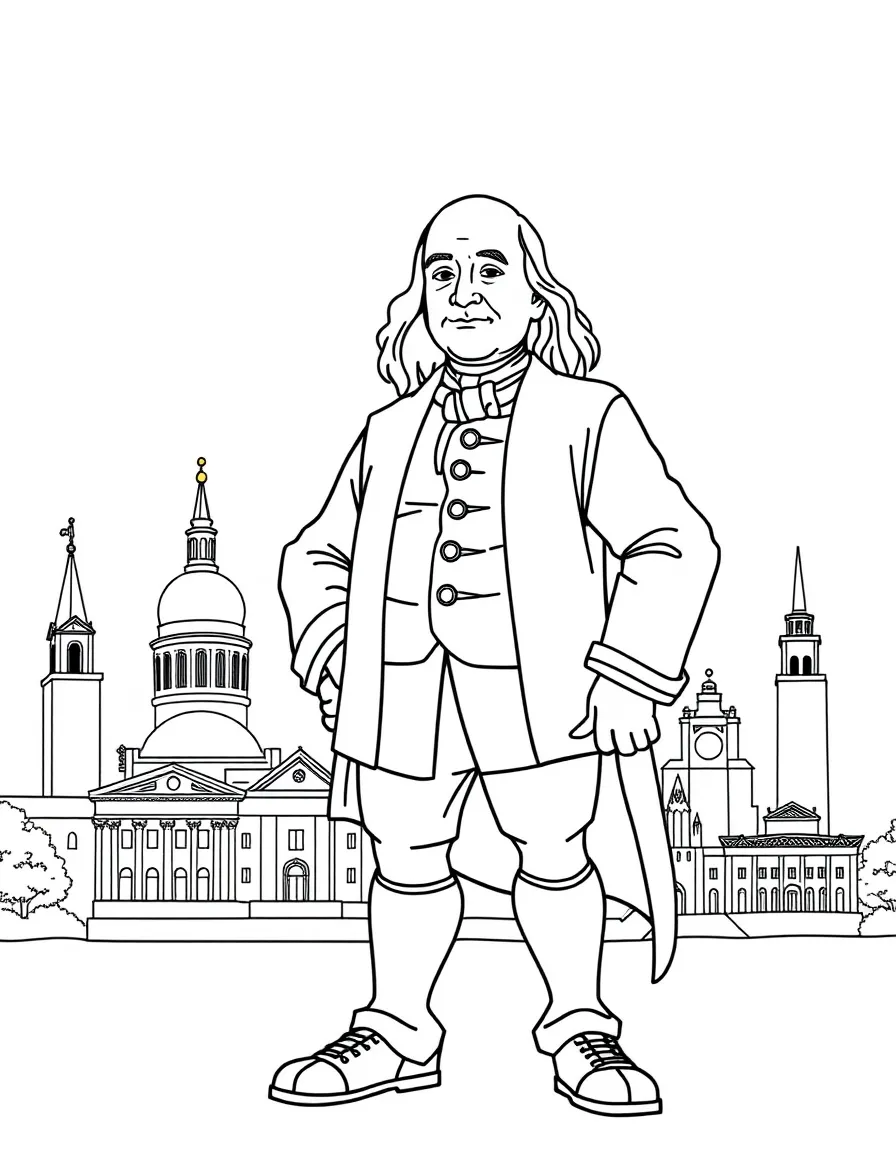 Benjamin Franklin standing proudly with historical landmarks in the background, drawn with clear bold lines for coloring.