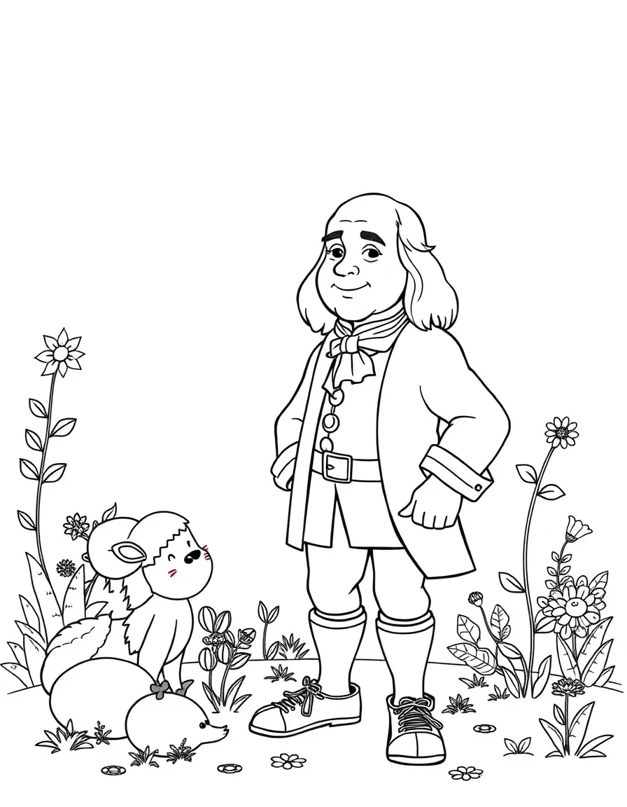 A playful scene showing Benjamin Franklin in a historical outfit with animals, plants, or kids nearby.