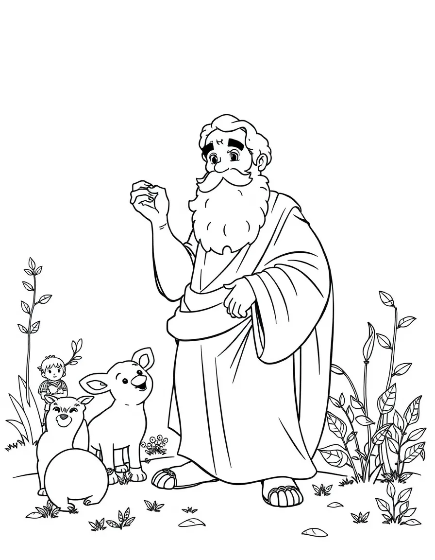 A playful scene showing Socrates in a historical outfit with animals, plants, or kids nearby.