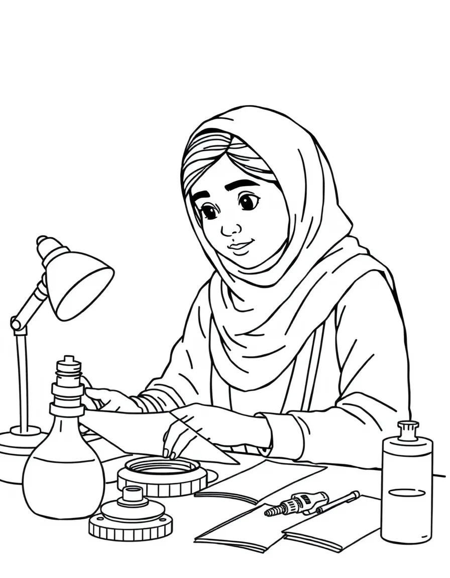 Malala Yousafzai working on their famous invention or idea, with gears, papers, or lab equipment drawn simply.