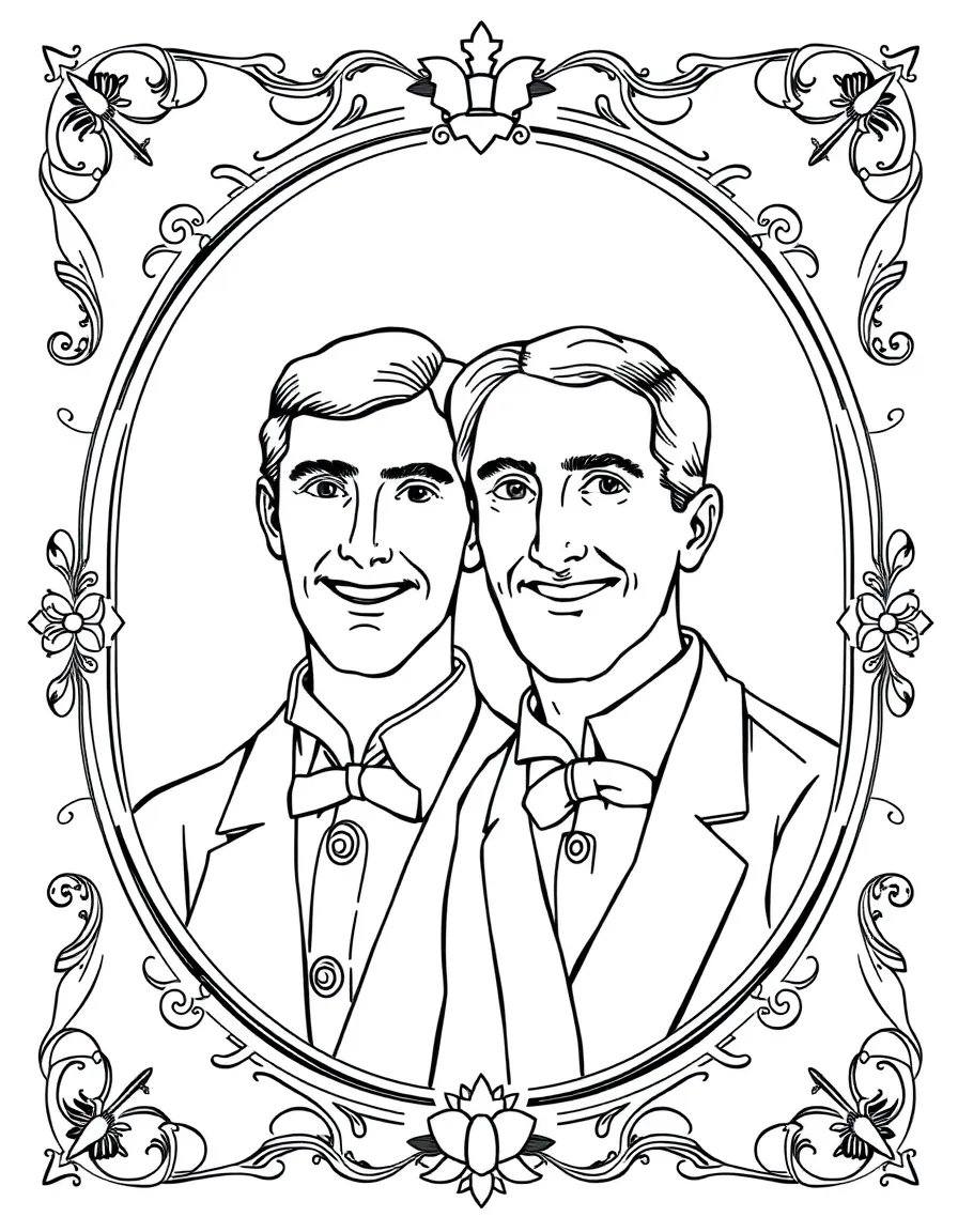A portrait of The Wright Brothers with a big smile, framed with decorative borders and symbols of their time period.
