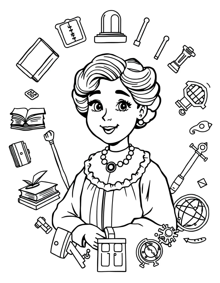 A cartoon-style drawing of Ada Lovelace surrounded by symbols of their achievements, like books, tools, or globes.