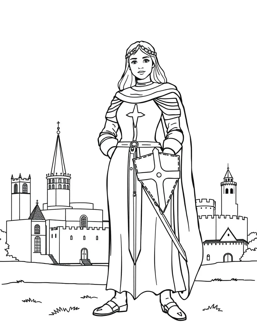 Joan of Arc standing proudly with historical landmarks in the background, drawn with clear bold lines for coloring.