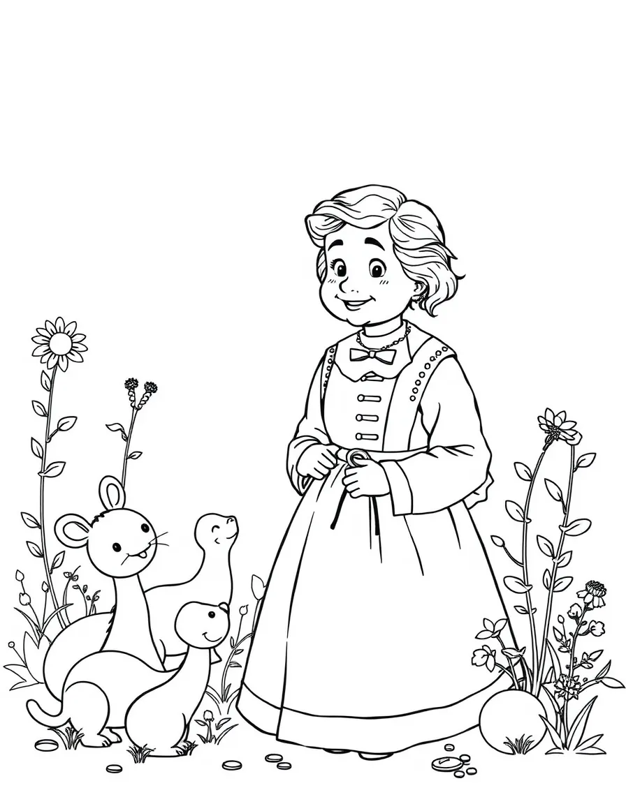 A playful scene showing Helen Keller in a historical outfit with animals, plants, or kids nearby.