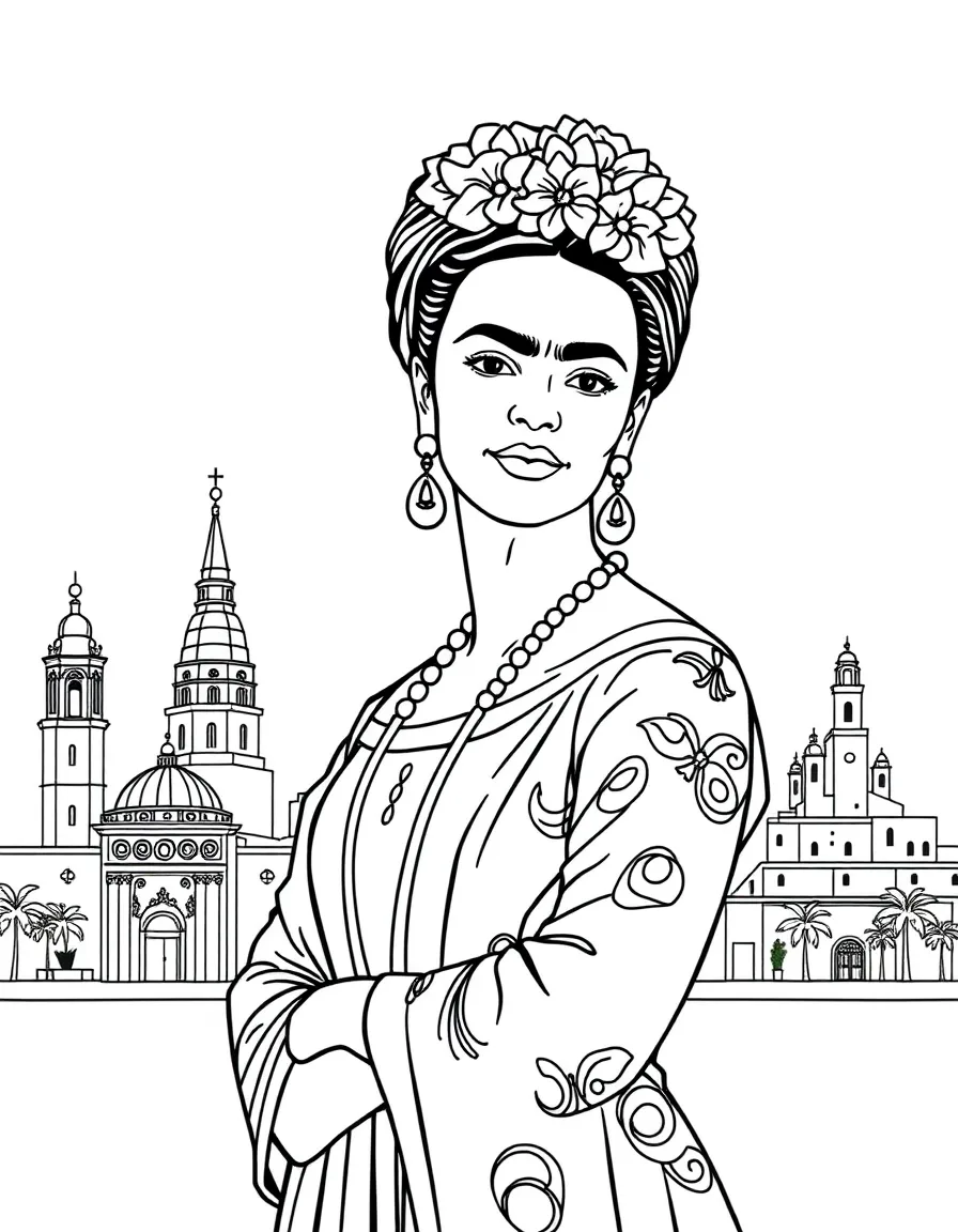 Frida Kahlo standing proudly with historical landmarks in the background, drawn with clear bold lines for coloring.