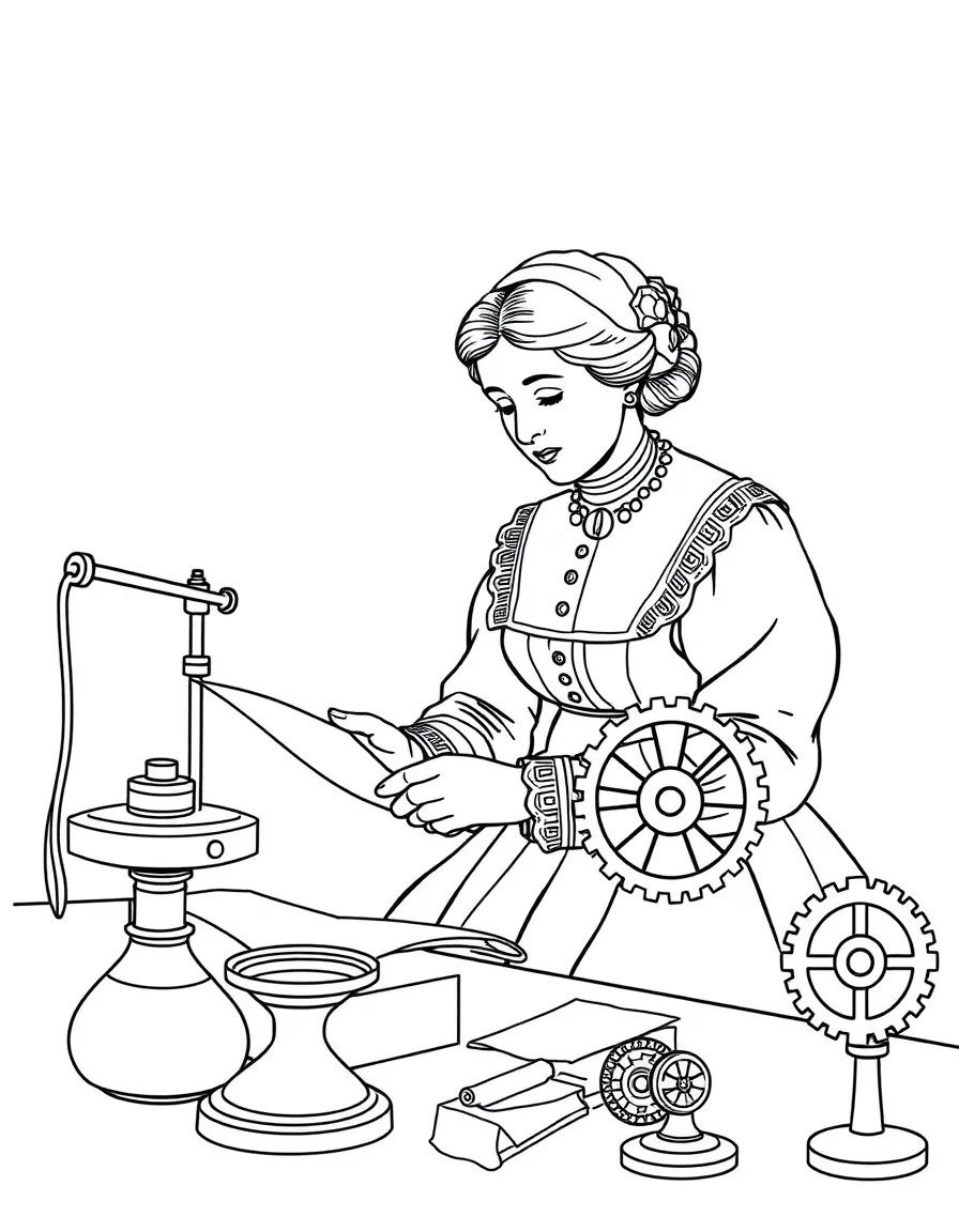 Florence Nightingale working on their famous invention or idea, with gears, papers, or lab equipment drawn simply.