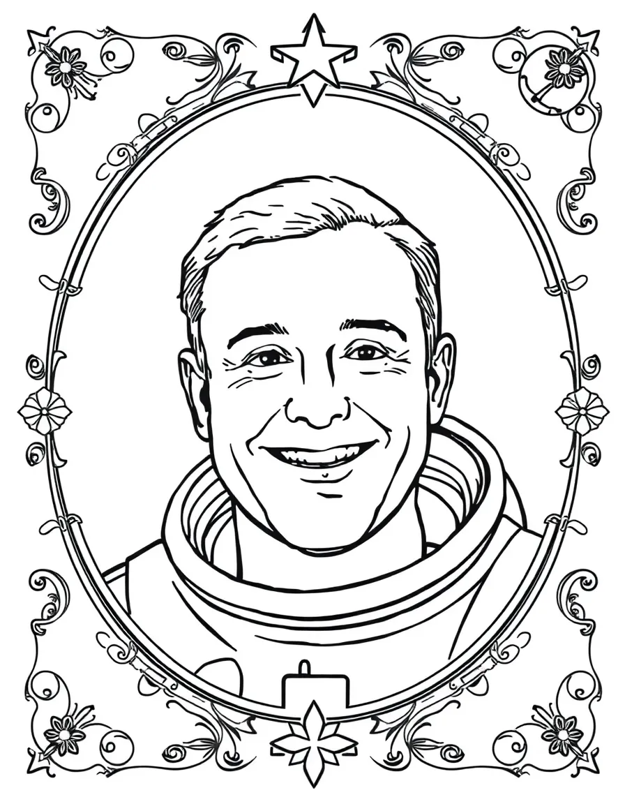 A portrait of Neil Armstrong with a big smile, framed with decorative borders and symbols of their time period.