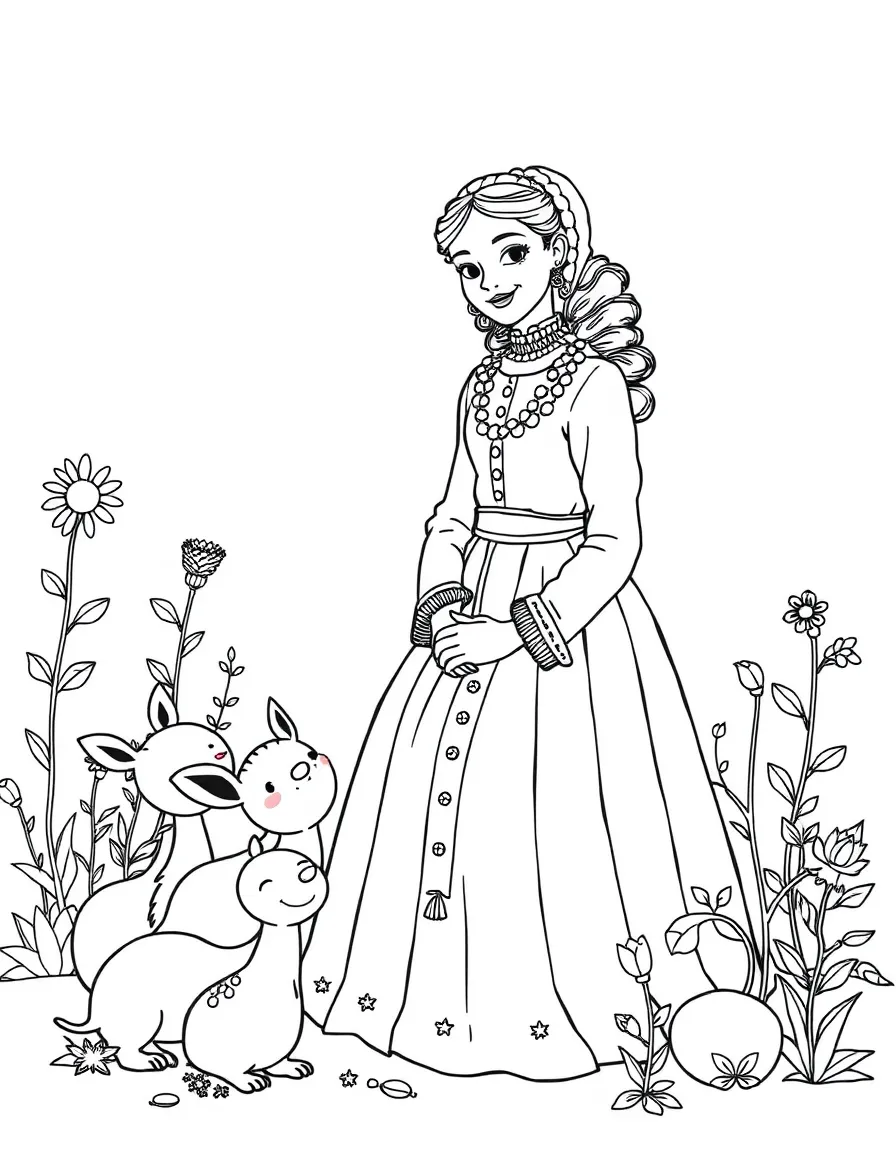 A playful scene showing Ada Lovelace in a historical outfit with animals, plants, or kids nearby.