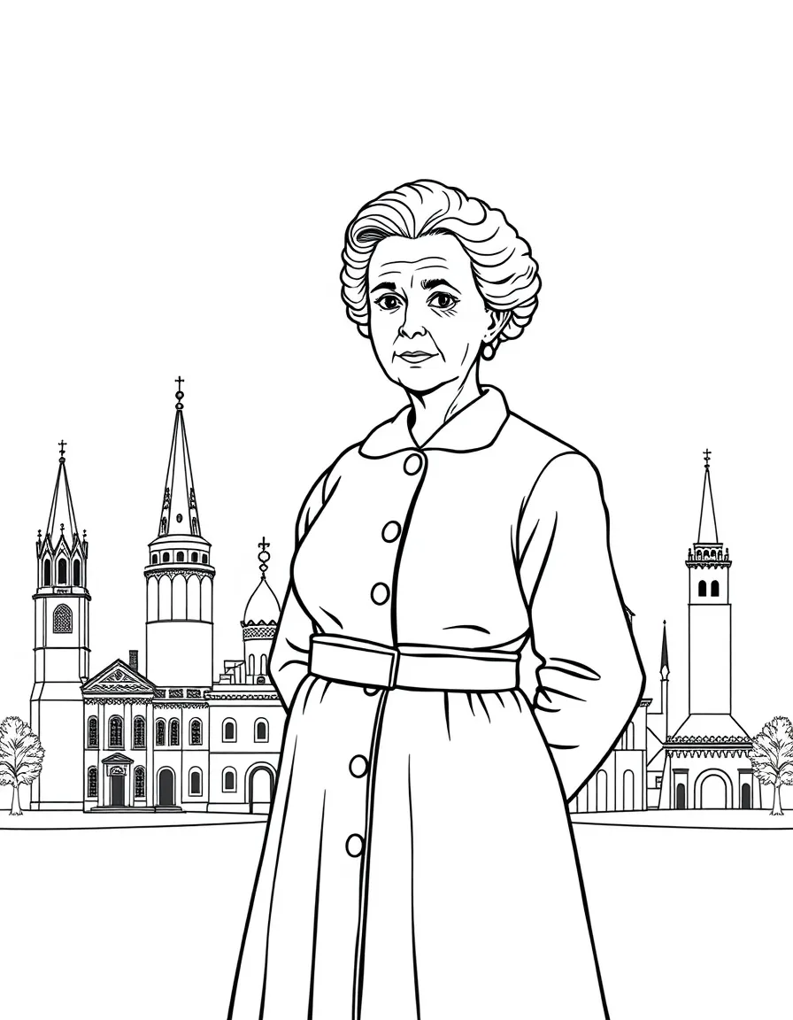 Marie Curie standing proudly with historical landmarks in the background, drawn with clear bold lines for coloring.