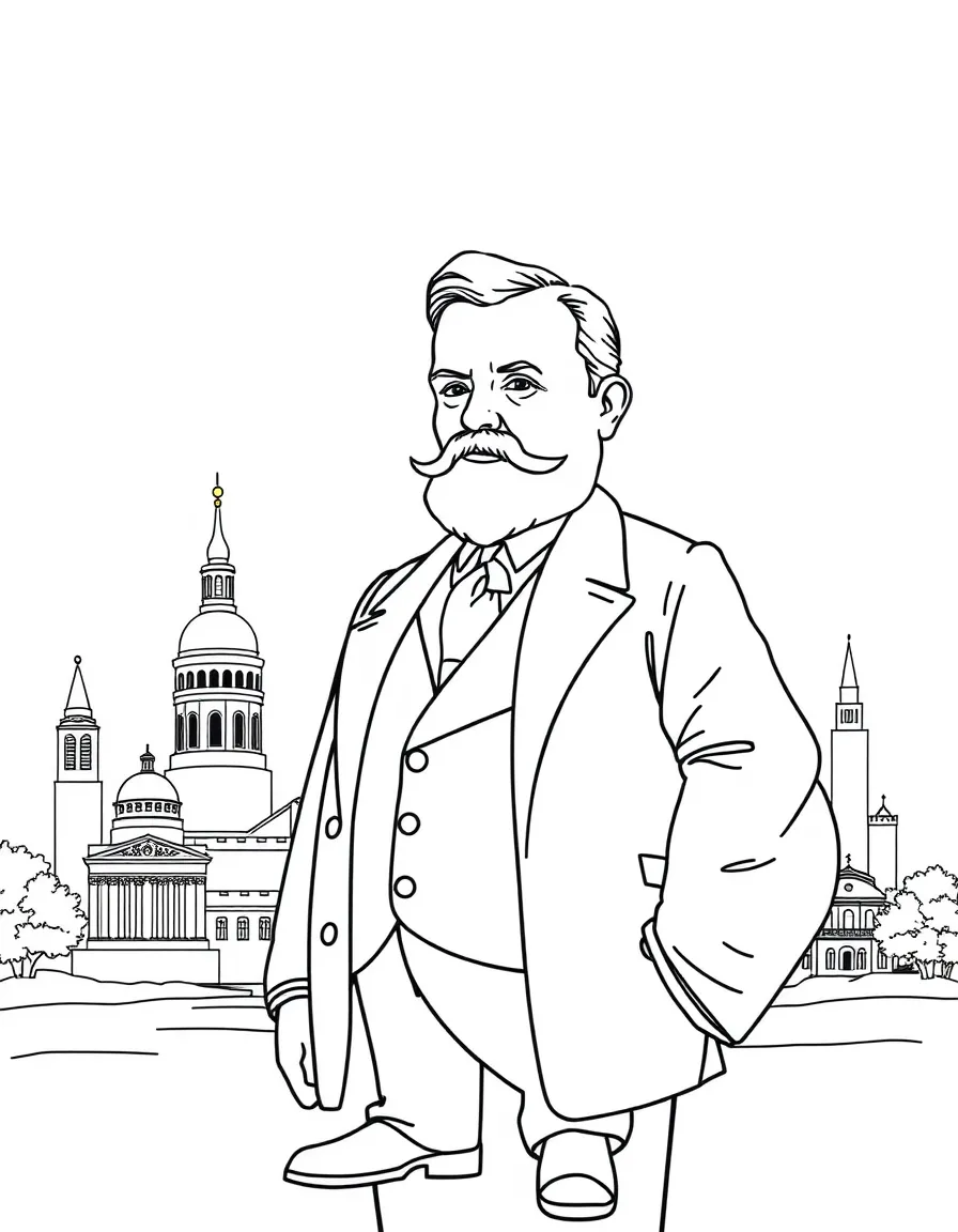 Theodore Roosevelt standing proudly with historical landmarks in the background, drawn with clear bold lines for coloring.