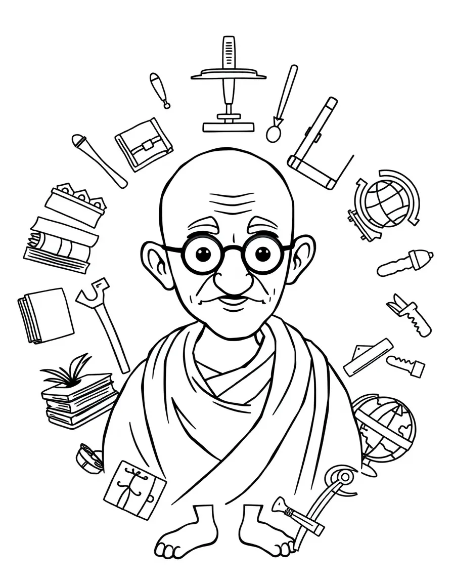 A cartoon-style drawing of Mahatma Gandhi surrounded by symbols of their achievements, like books, tools, or globes.
