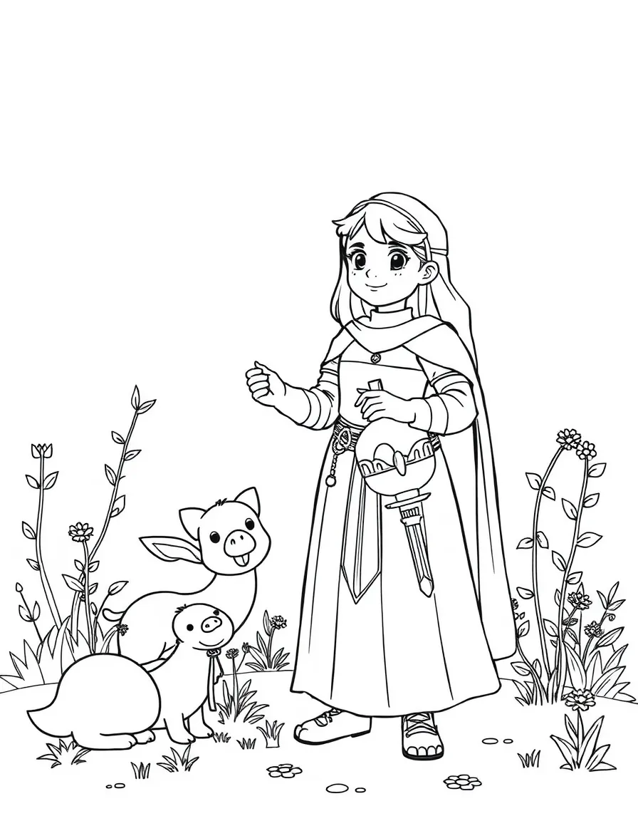 A playful scene showing Joan of Arc in a historical outfit with animals, plants, or kids nearby.