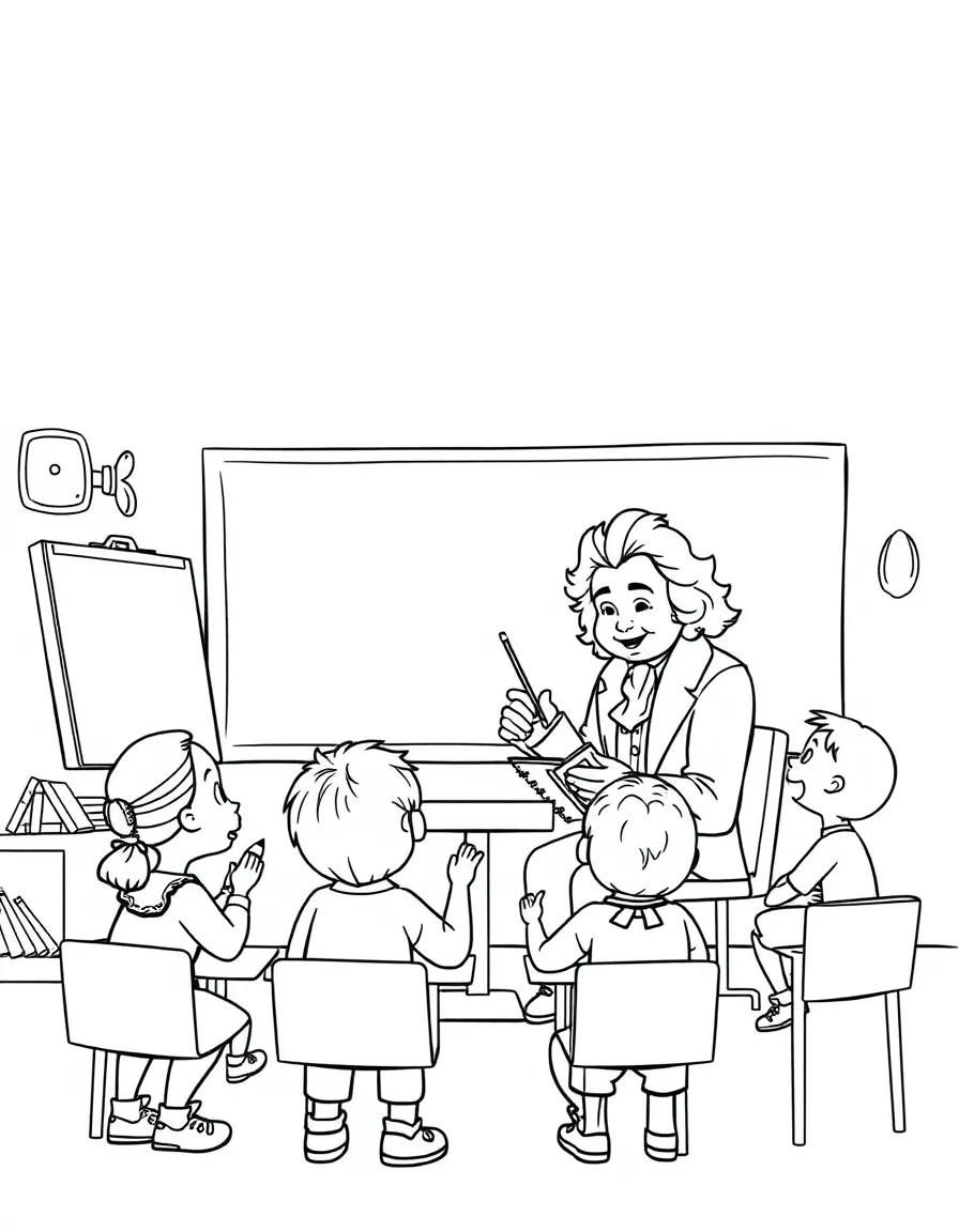Beethoven teaching children, with educational items like chalkboards and pencils, in a friendly classroom scene.
