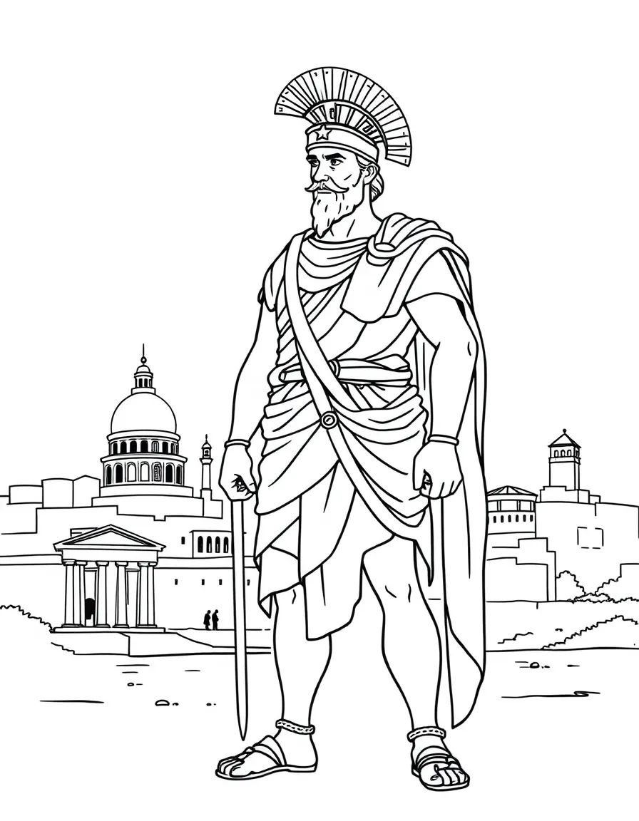 Alexander the Great standing proudly with historical landmarks in the background, drawn with clear bold lines for coloring.