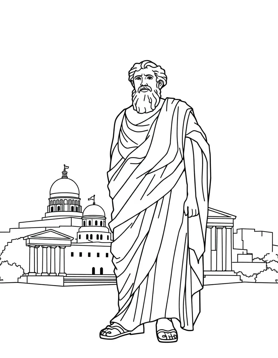 Aristotle standing proudly with historical landmarks in the background, drawn with clear bold lines for coloring.