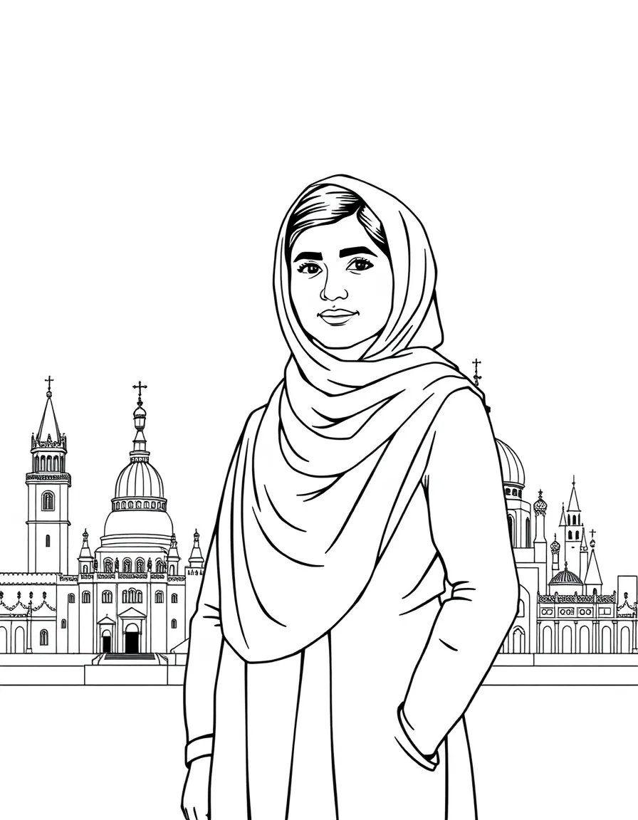 Malala Yousafzai standing proudly with historical landmarks in the background, drawn with clear bold lines for coloring.