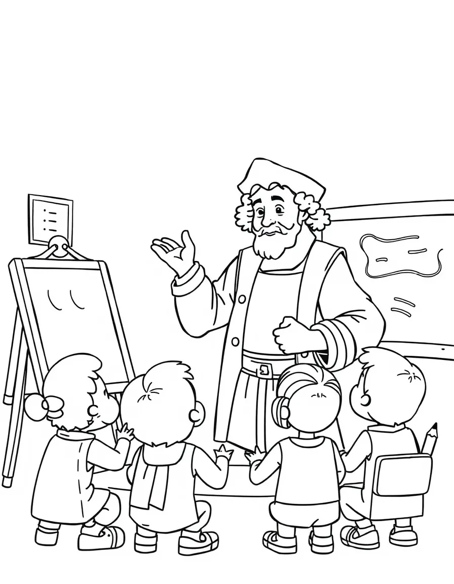 Christopher Columbus teaching children, with educational items like chalkboards and pencils, in a friendly classroom scene.