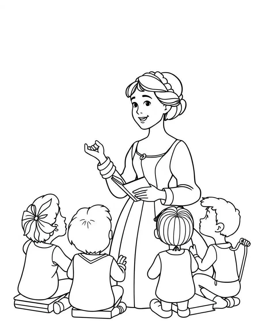 A fun coloring page of Jane Austen giving a speech to children with books and peace signs around.