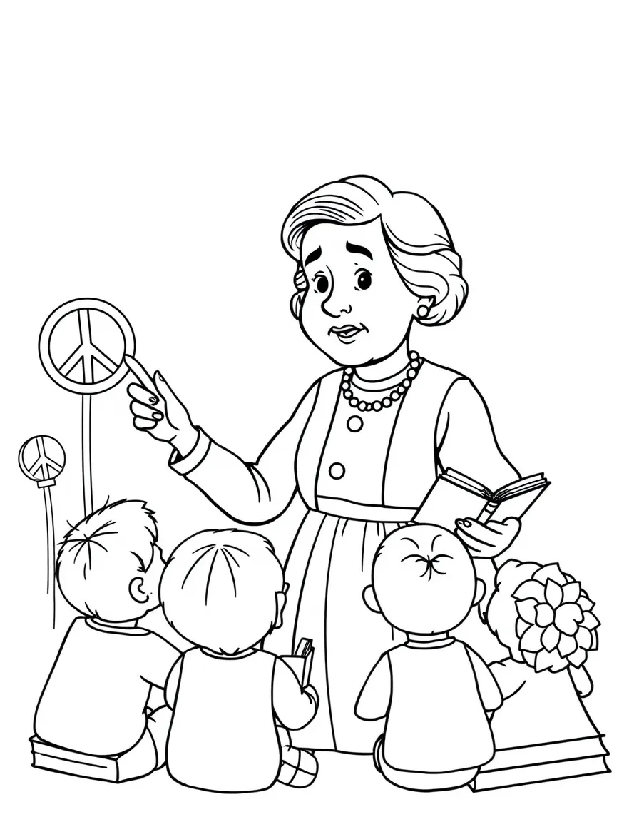 A fun coloring page of Helen Keller giving a speech to children with books and peace signs around.